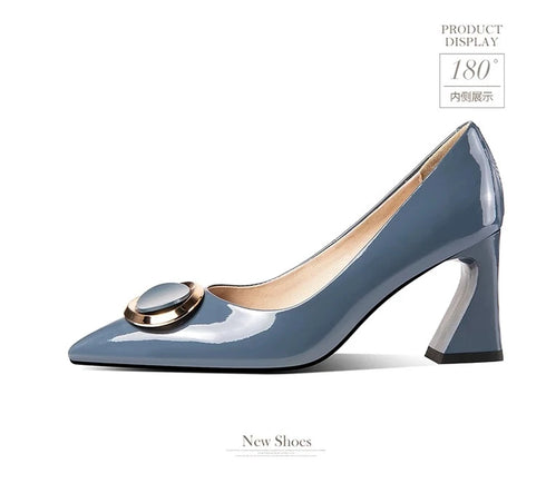 Elegant Pointed Toe Mary Janes with Patent Leather Buckle and Comfortable Middle Heel for Women